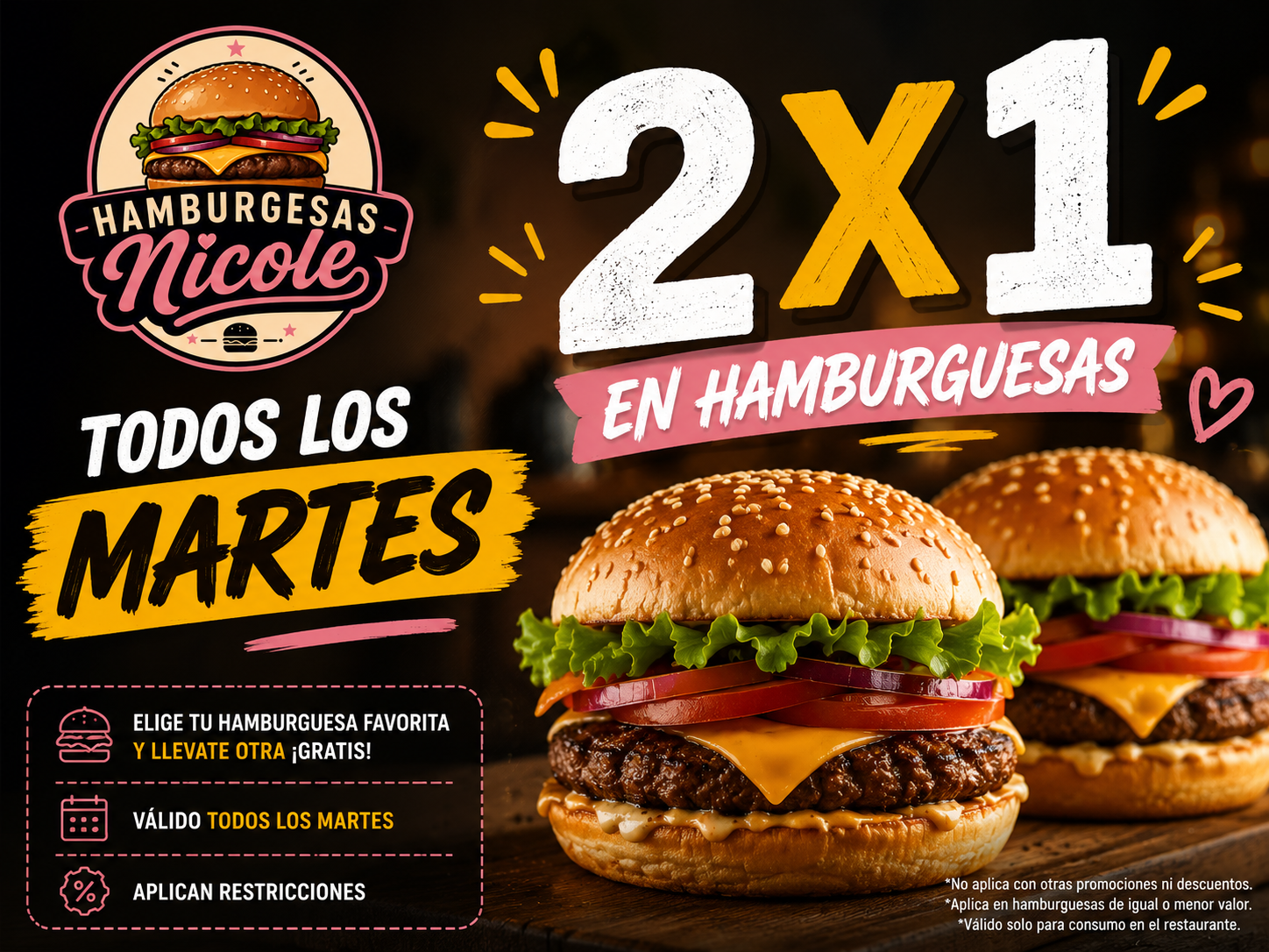 Elige tu hamburgesa favorita y llevate otra GRATIS! con la compra de un combo en Hamburgesas Nicols, Comida, San Luis Potosí